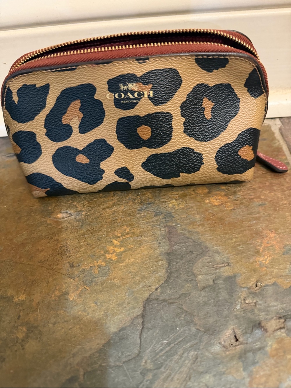 Coach Leopard Print Cosmetic Case 17 Burgundy Trim F39082
